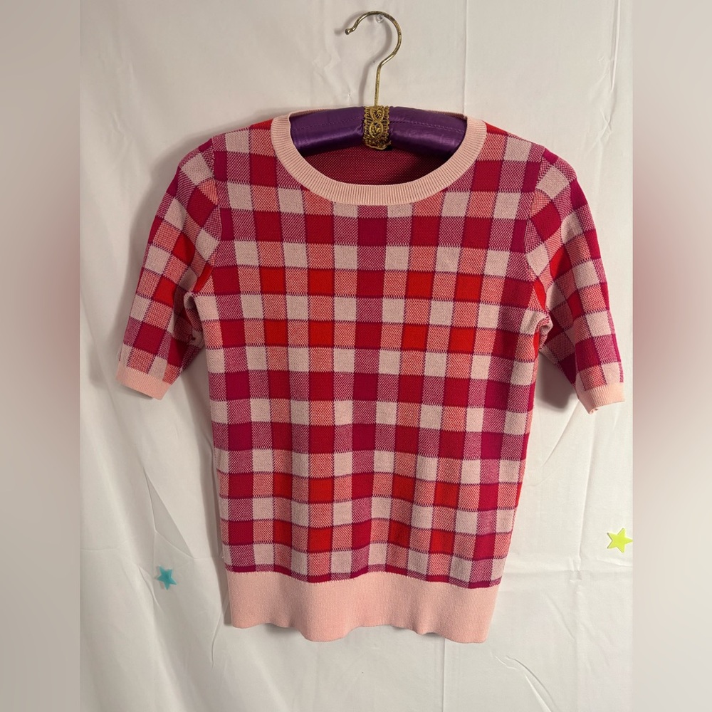 Ann Taylor Pink Red Purple‎ Plaid Short Sleeve Sweater Top